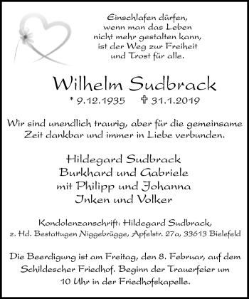 Traueranzeige von Wilhelm Sudbrack von Neue Westfälische