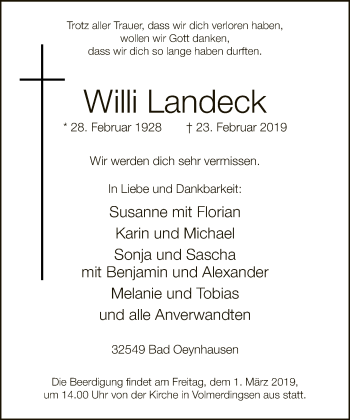 Traueranzeige von Willi Landeck von Neue Westfälische