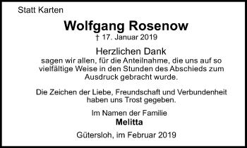 Traueranzeige von Wolfgang Rosenow von Neue Westfälische