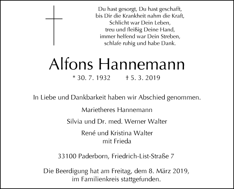  Traueranzeige für Alfons Hannemann vom 11.03.2019 aus Neue Westfälische