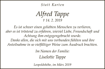 Traueranzeige von Alfred Tappe von Neue Westfälische