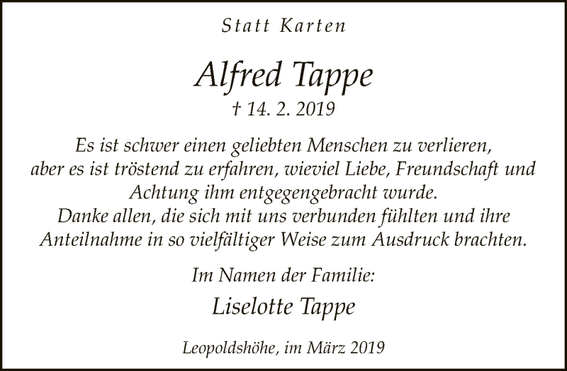  Traueranzeige für Alfred Tappe vom 16.03.2019 aus Neue Westfälische