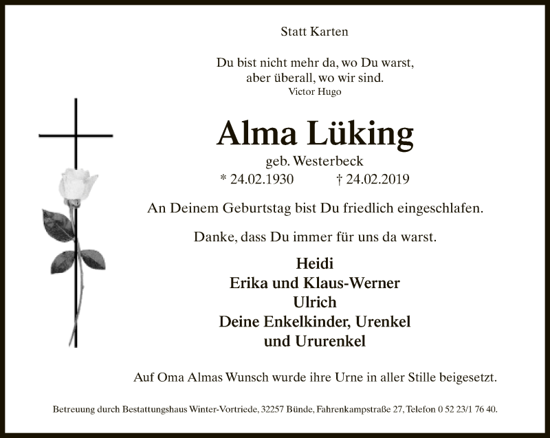  Traueranzeige für Alma Lüking vom 06.03.2019 aus Neue Westfälische