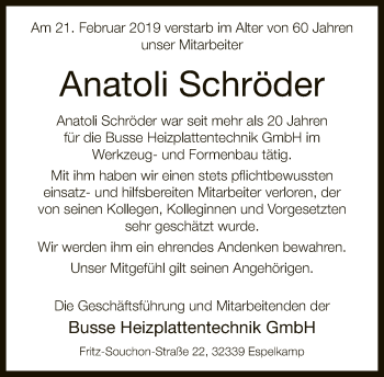 Traueranzeige von Anatoli Schröder von Neue Westfälische