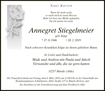 Traueranzeige von Annegret Stiegelmeier von Neue Westfälische