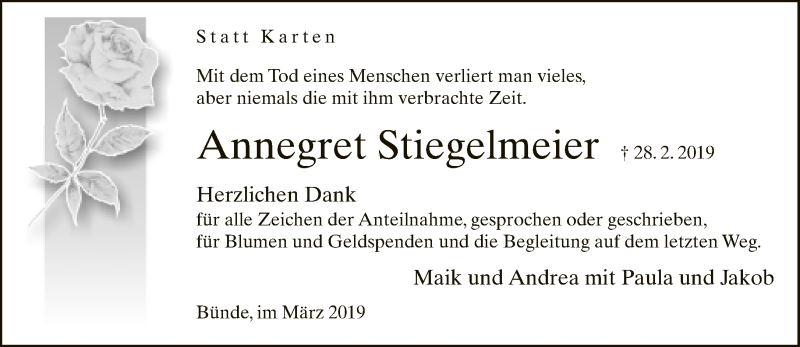  Traueranzeige für Annegret Stiegelmeier vom 30.03.2019 aus Neue Westfälische