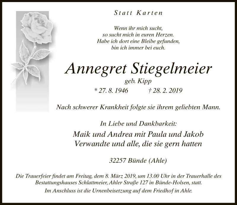  Traueranzeige für Annegret Stiegelmeier vom 02.03.2019 aus Neue Westfälische