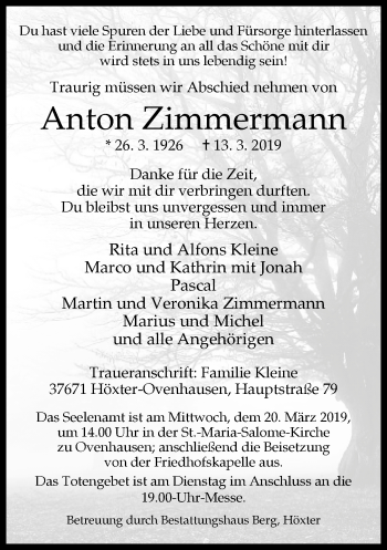 Traueranzeige von Anton Zimmermann von Neue Westfälische