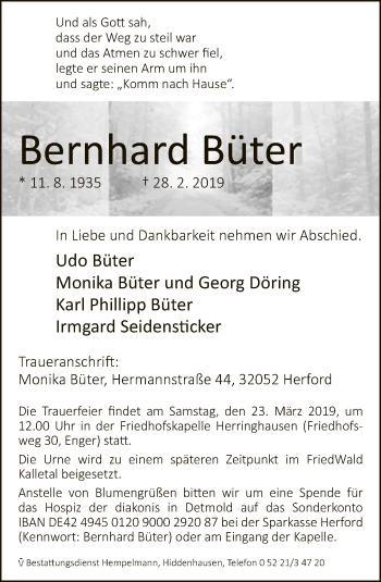 Traueranzeige von Bernard Büter von Neue Westfälische