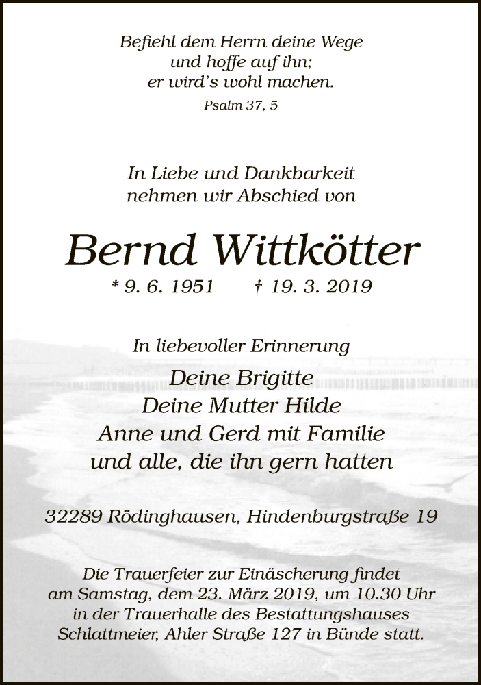  Traueranzeige für Bernd Wittkötter vom 21.03.2019 aus Neue Westfälische