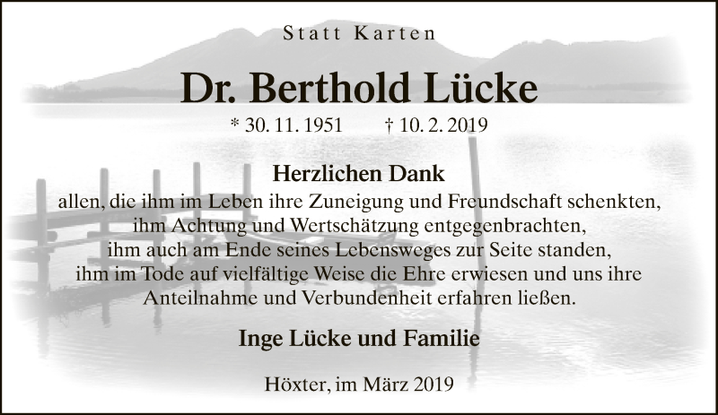  Traueranzeige für Berthold Lücke vom 16.03.2019 aus Neue Westfälische