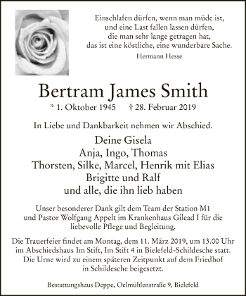Traueranzeige von Bertram James Smith von Neue Westfälische