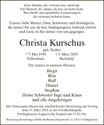 Traueranzeige von Christa Kurschus von Neue Westfälische