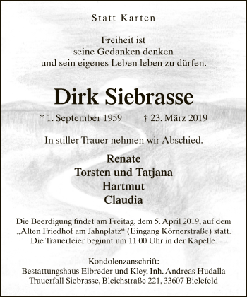 Traueranzeige von Dirk Siebrasse von Neue Westfälische