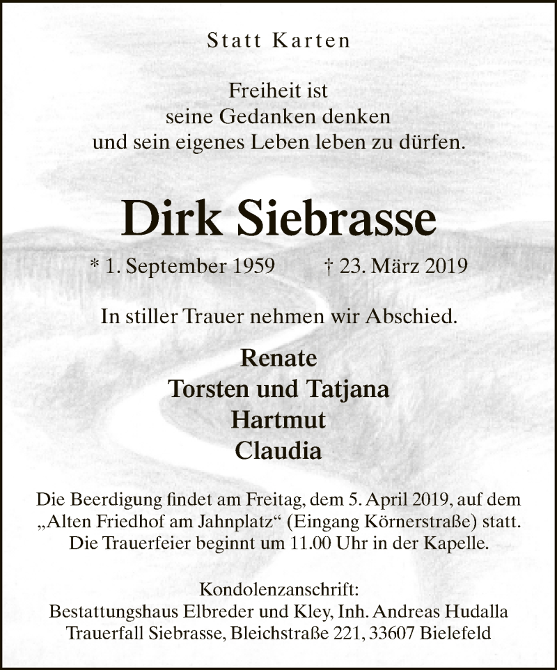  Traueranzeige für Dirk Siebrasse vom 30.03.2019 aus Neue Westfälische