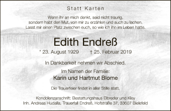 Traueranzeige von Edith Endreß von Neue Westfälische