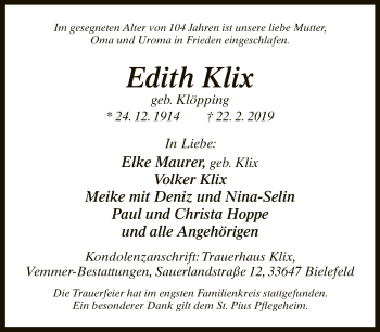 Traueranzeige von Edith Klix von Neue Westfälische
