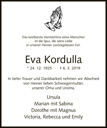 Traueranzeige von Eva Kordulla von Neue Westfälische