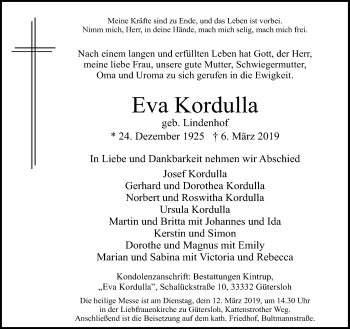 Traueranzeige von Eva Kordulla von Neue Westfälische