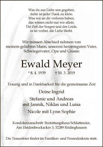 Traueranzeige von Ewald Meyer von Neue Westfälische
