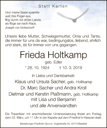 Traueranzeige von Frieda Holtkamp von Neue Westfälische