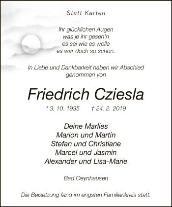 Traueranzeige von Friedrich Cziesla von Neue Westfälische