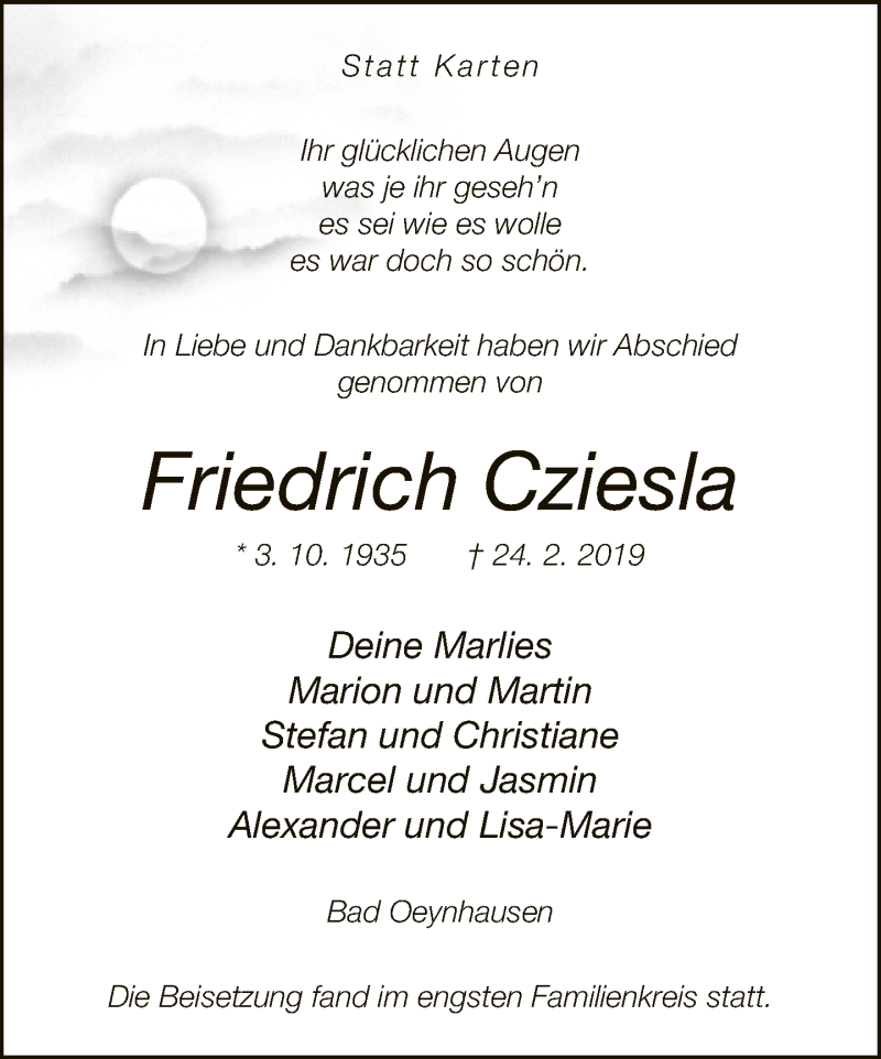  Traueranzeige für Friedrich Cziesla vom 30.03.2019 aus Neue Westfälische