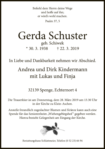 Traueranzeige von Gerda Schuster von Neue Westfälische