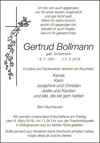 Traueranzeige von Gertrud Bollmann von Neue Westfälische