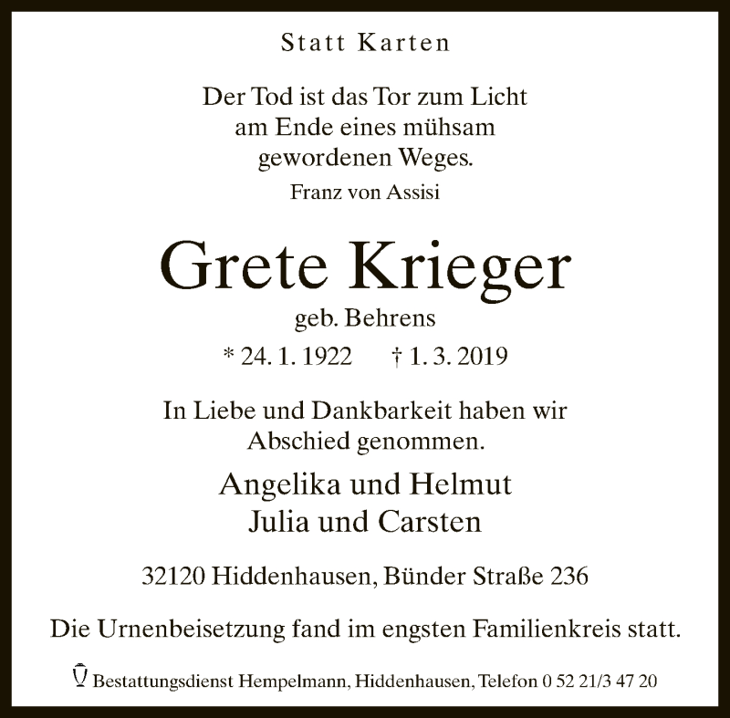  Traueranzeige für Grete Krieger vom 23.03.2019 aus Neue Westfälische