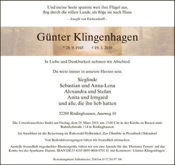 Traueranzeige von Günter Klingenhagen von Neue Westfälische