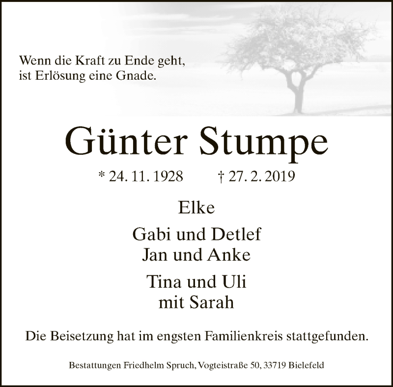  Traueranzeige für Günter Stumpe vom 09.03.2019 aus Neue Westfälische