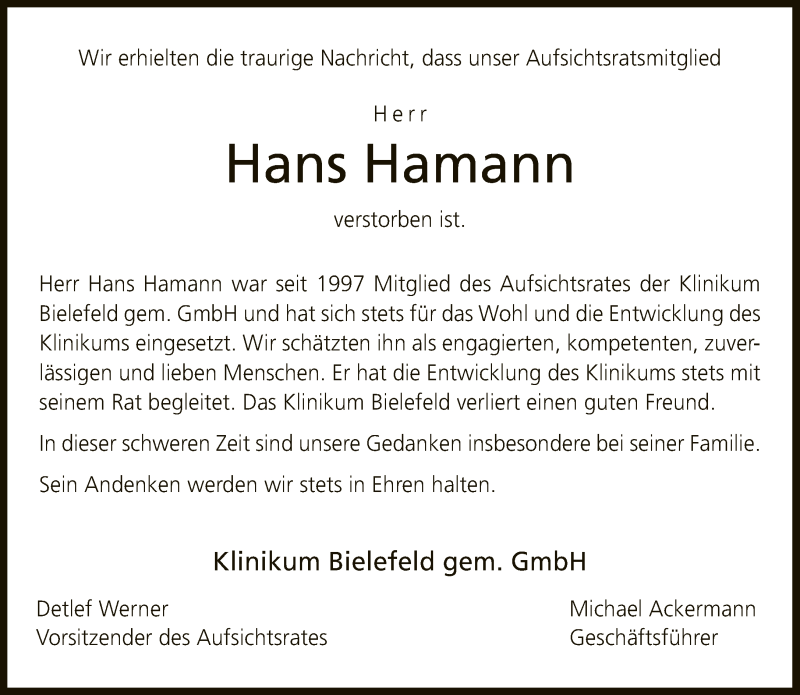  Traueranzeige für Hans Hamann vom 19.03.2019 aus Neue Westfälische