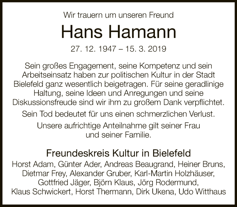  Traueranzeige für Hans Hamann vom 21.03.2019 aus Neue Westfälische