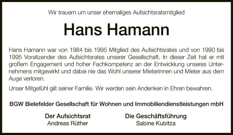  Traueranzeige für Hans Hamann vom 20.03.2019 aus Neue Westfälische