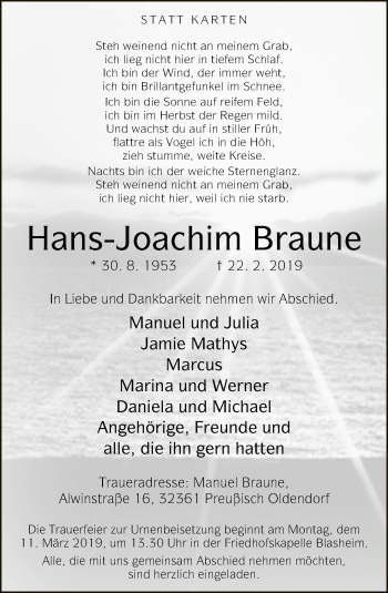 Traueranzeige von Hans-Joachim Braune von Neue Westfälische