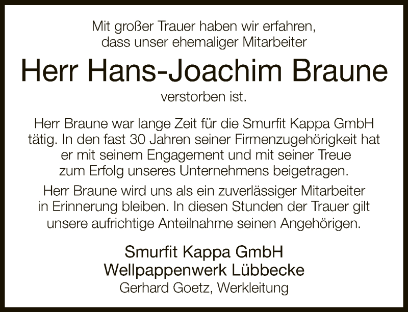  Traueranzeige für Hans-Joachim Braune vom 07.03.2019 aus Neue Westfälische