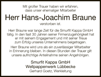 Traueranzeige von Hans-Joachim Braune von Neue Westfälische