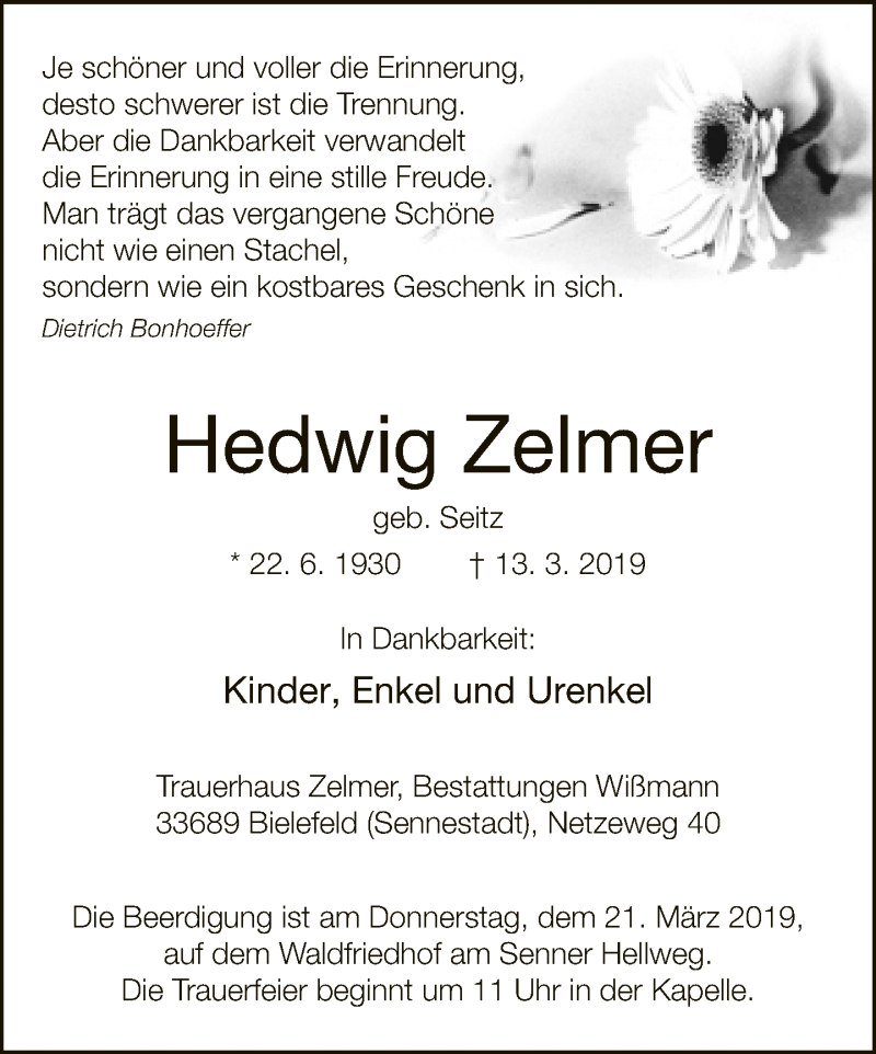  Traueranzeige für Hedwig Zelmer vom 16.03.2019 aus Neue Westfälische