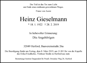 Traueranzeige von Heinz Gieselmann von Neue Westfälische