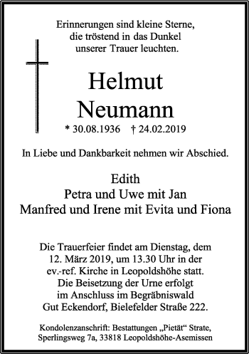 Traueranzeige von Helmut Neumann von Neue Westfälische