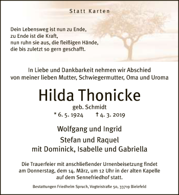 Traueranzeige von Hilda Thonicke von Neue Westfälische