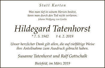 Traueranzeige von Hildegard Tatenhorst von Neue Westfälische