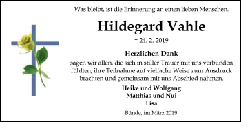 Traueranzeige von Hildegard Vahle von Neue Westfälische