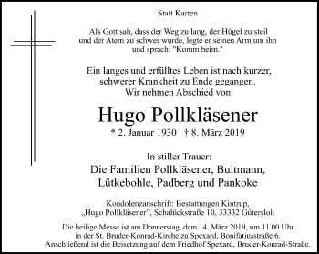Traueranzeige von Hugo Pollkläsener von Neue Westfälische