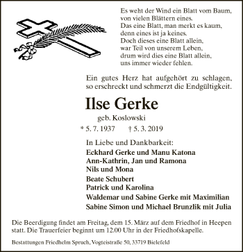 Traueranzeige von Ilse Gerke von Neue Westfälische