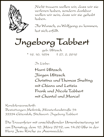 Traueranzeige von Ingeborg Tabbert von Neue Westfälische