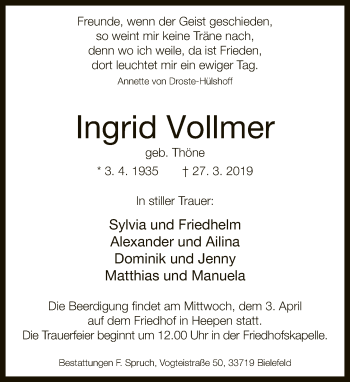 Traueranzeige von Ingrid Vollmer von Neue Westfälische