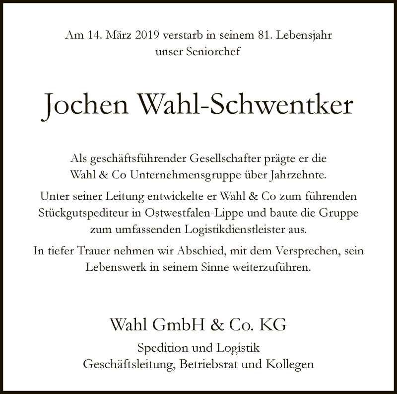  Traueranzeige für Jochen Wahl-Schwentker vom 19.03.2019 aus Neue Westfälische