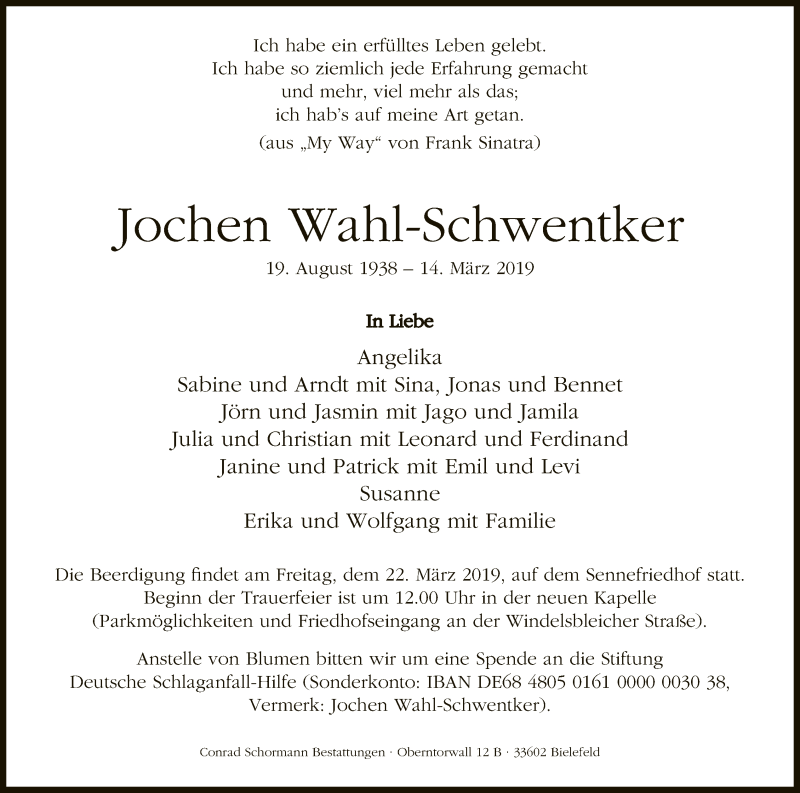  Traueranzeige für Jochen Wahl-Schwentker vom 19.03.2019 aus Neue Westfälische
